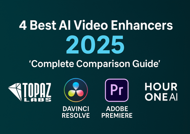 comparing the 4 Best AI Video Enhancers 2025 including Topaz Labs, DaVinci Resolve, Adobe Premiere, and Hour One AI logos.